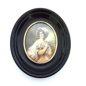 Antique Victorian Woman Miniature Porcelain Painting Wood Frame Signed Silver?